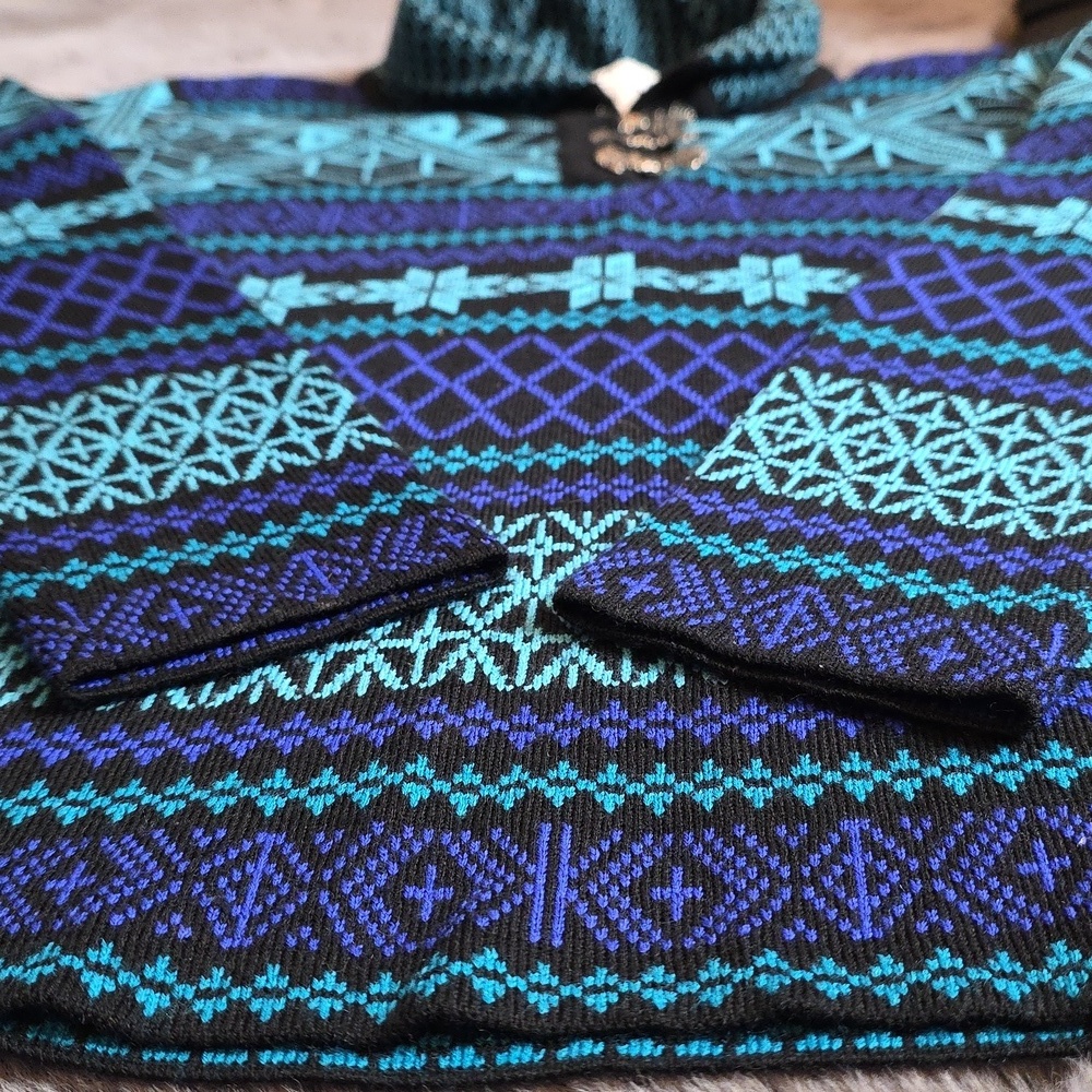 Obermeyer Fair Isle Wool Blend Blue and Black Sweater with Metal Buckles M - Picture 3 of 10